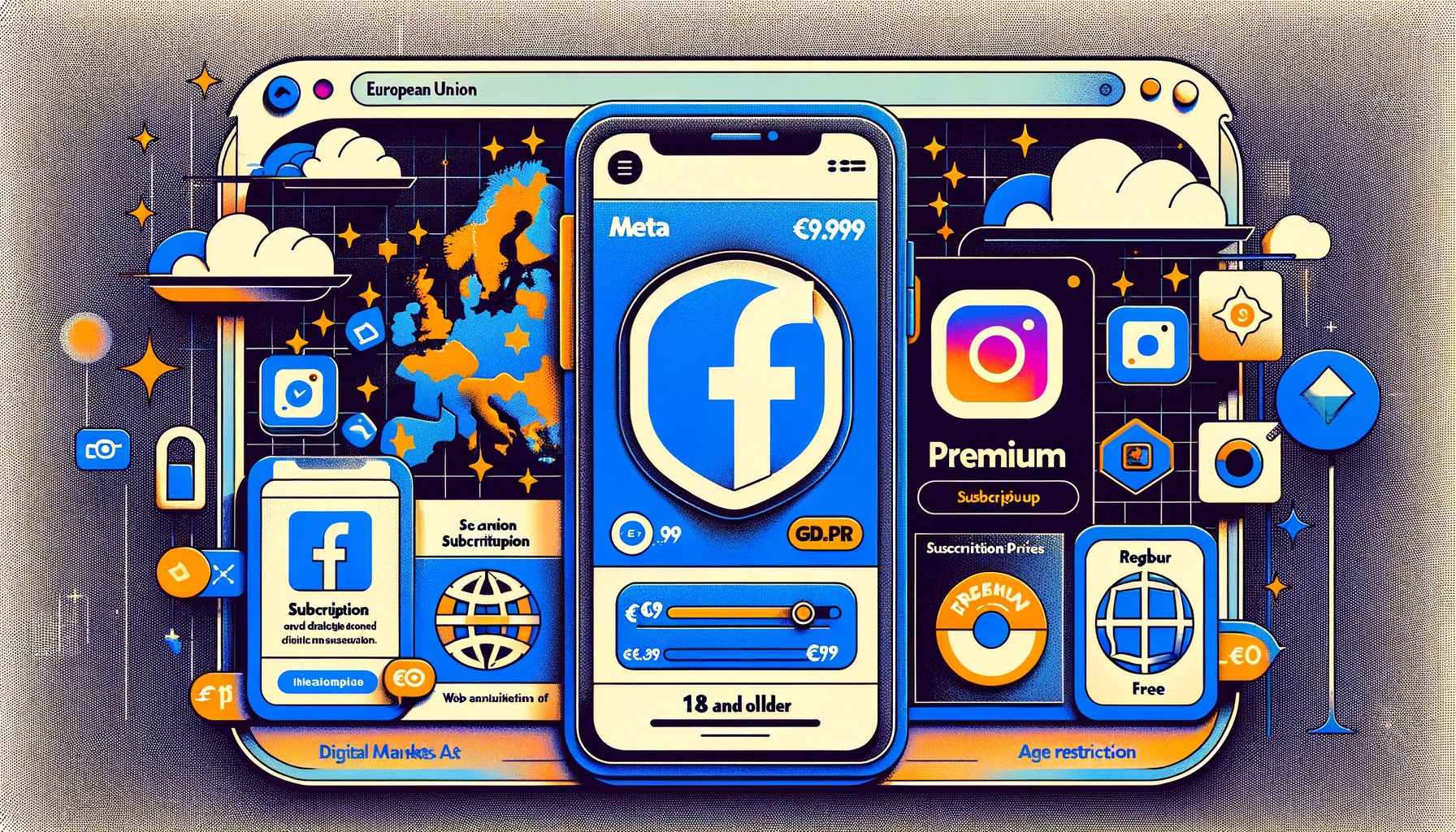 A landscape-oriented digital collage representing Meta's new paid subscription service in the European Union. The image features prominent logos of Facebook and Instagram